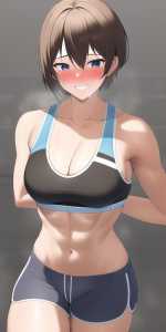 girl, very short hair, fit body, sports bra, shorts, sweaty, embarrassed, smile s-3246608295.png
